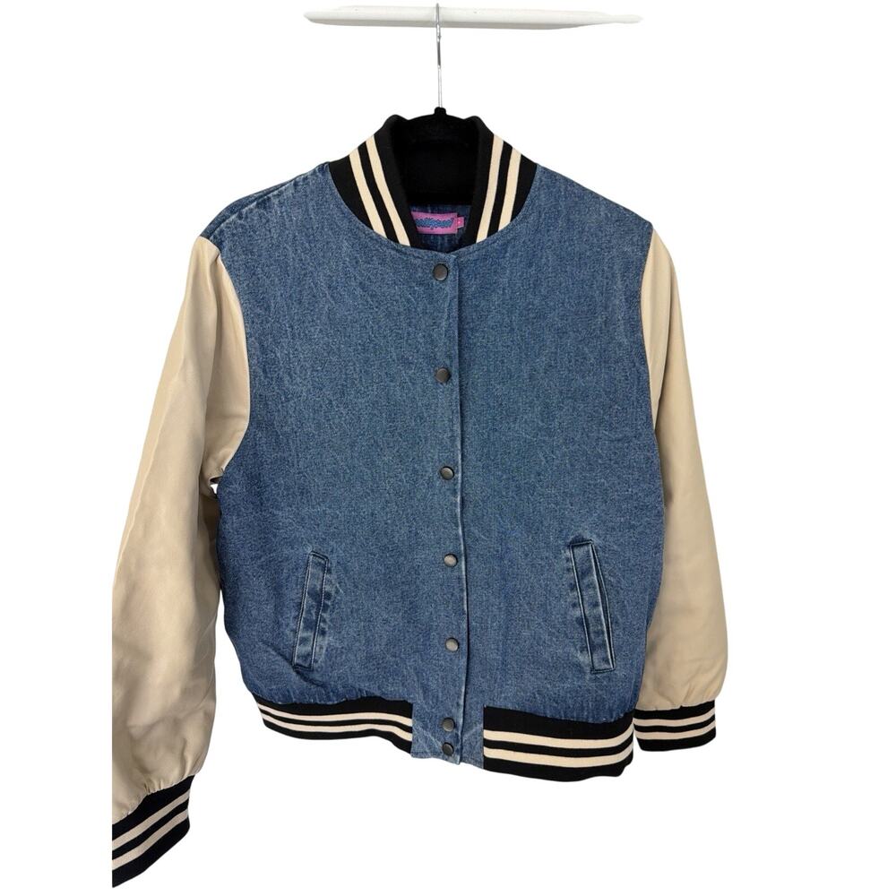 Edikted Women S Denim Varsity Bomber Jacket Cream Sleeve Y2K